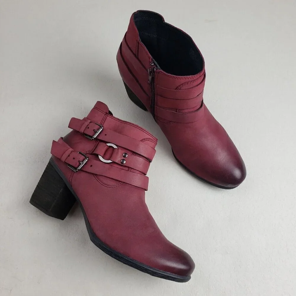 Josef Seibel Britney Moto Boot Womens 8-8.5 39 Red Leather Side Zip Heeled Ankle